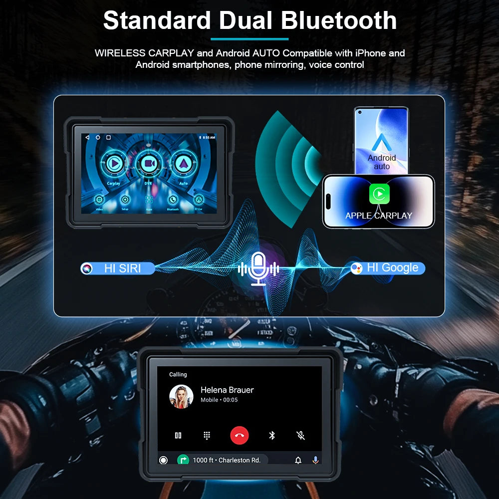 Monitor Multifuncional 5'' com Carplay e Android Auto: GPS e Conectividade WiFi à Prova d'Água para sua Moto!