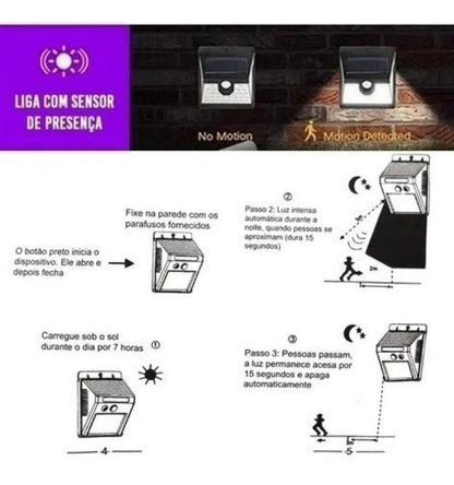 #09 Luminária Solar Arandela 30 Leds Parede Com Sensor Presença