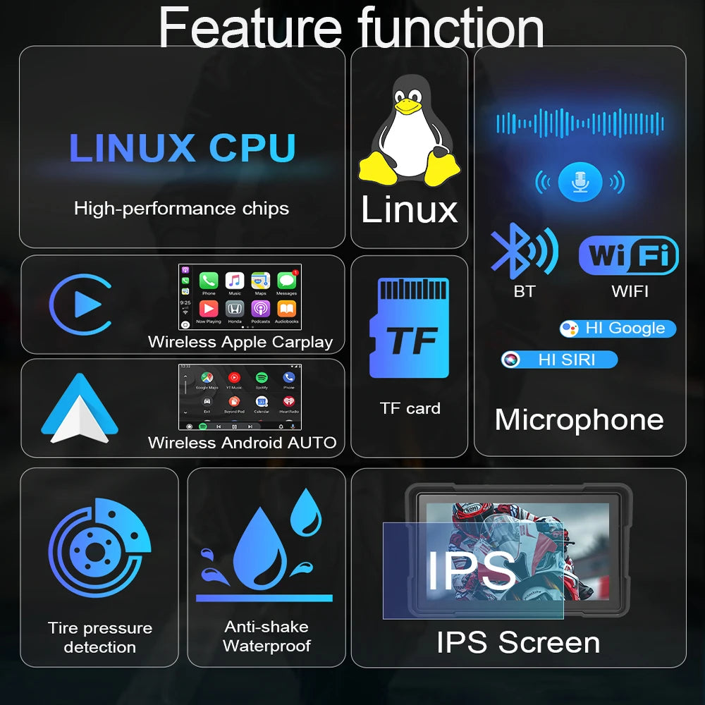 Monitor Multifuncional 5'' com Carplay e Android Auto: GPS e Conectividade WiFi à Prova d'Água para sua Moto!